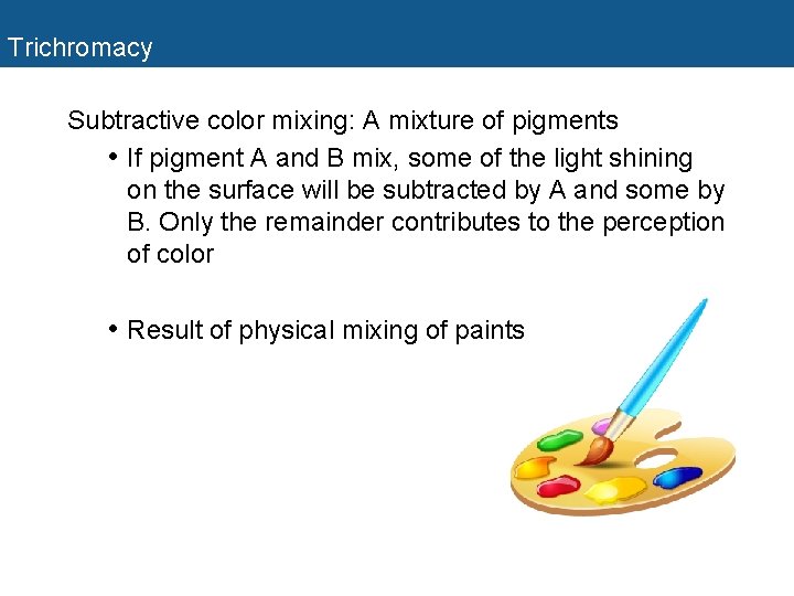 Trichromacy Subtractive color mixing: A mixture of pigments • If pigment A and B