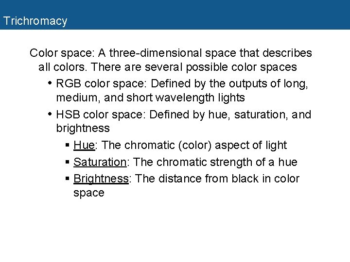 Trichromacy Color space: A three-dimensional space that describes all colors. There are several possible
