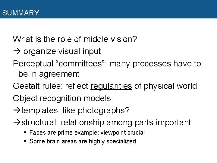 SUMMARY What is the role of middle vision? organize visual input Perceptual “committees”: many