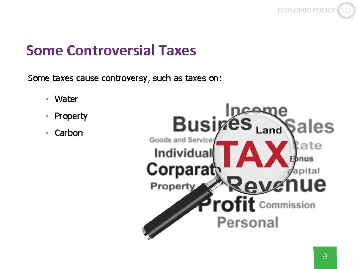ECONOMIC POLICY 3. 11 Some Controversial Taxes Some taxes cause controversy, such as taxes