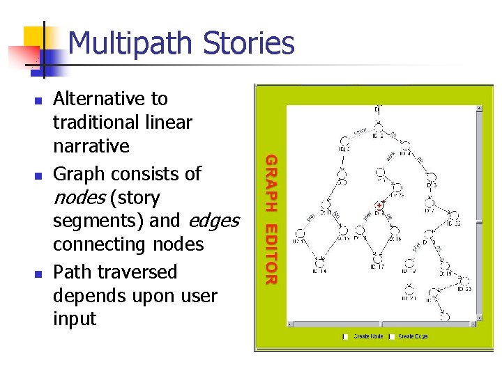 Multipath Stories n n n Alternative to traditional linear narrative Graph consists of nodes