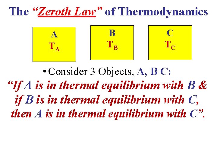 The “Zeroth Law” of Thermodynamics A TA B TB C TC • Consider 3