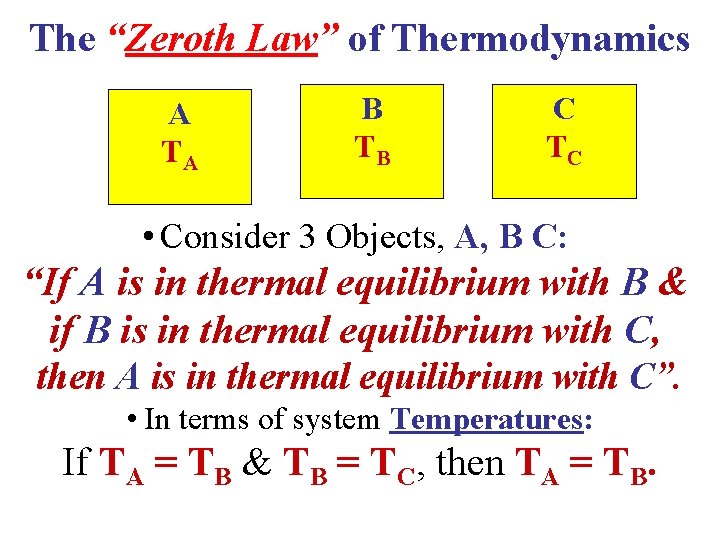 The “Zeroth Law” of Thermodynamics A TA B TB C TC • Consider 3