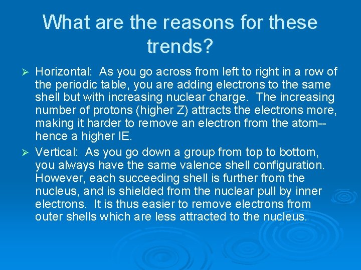 What are the reasons for these trends? Horizontal: As you go across from left