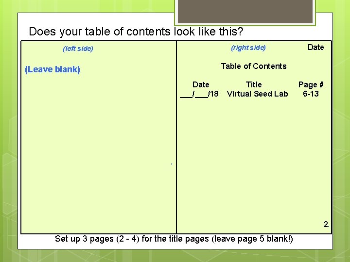 Does your table of contents look like this? (right side) (left side) Date Table