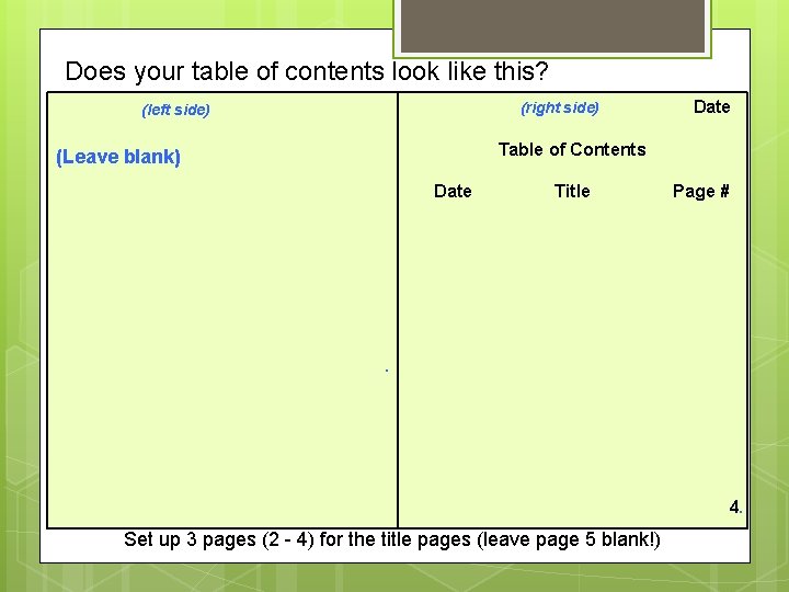 Does your table of contents look like this? (right side) (left side) Date Table