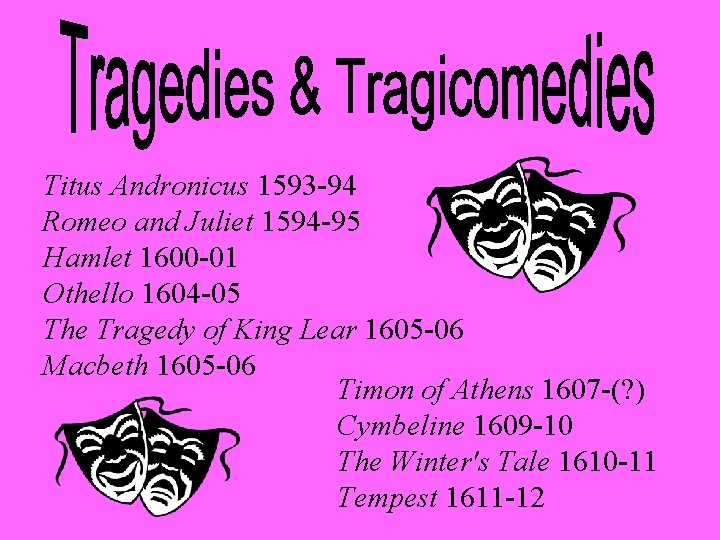 Titus Andronicus 1593 -94 Romeo and Juliet 1594 -95 Hamlet 1600 -01 Othello 1604