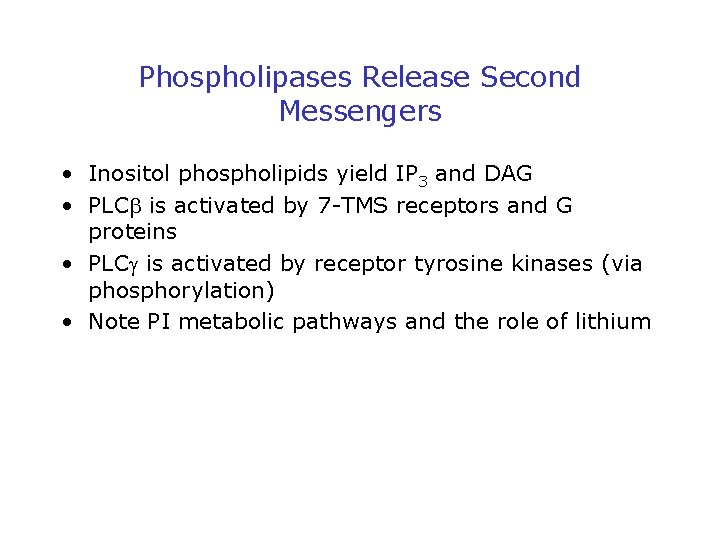 Phospholipases Release Second Messengers • Inositol phospholipids yield IP 3 and DAG • PLC