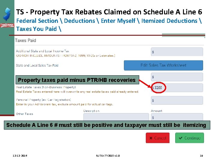 TS - Property Tax Rebates Claimed on Schedule A Line 6 Federal Section 