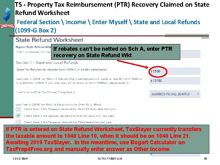 TS - Property Tax Reimbursement (PTR) Recovery Claimed on State Refund Worksheet Federal Section