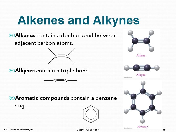 Alkenes and Alkynes Alkenes contain a double bond between adjacent carbon atoms. Alkynes contain