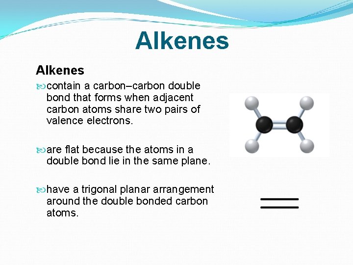 Alkenes contain a carbon–carbon double bond that forms when adjacent carbon atoms share two