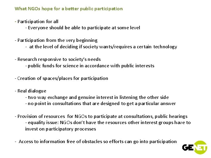 What NGOs hope for a better public participation - Participation for all - Everyone