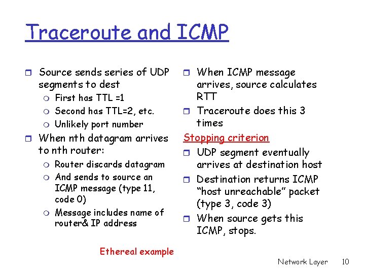 Traceroute and ICMP r Source sends series of UDP segments to dest m m
