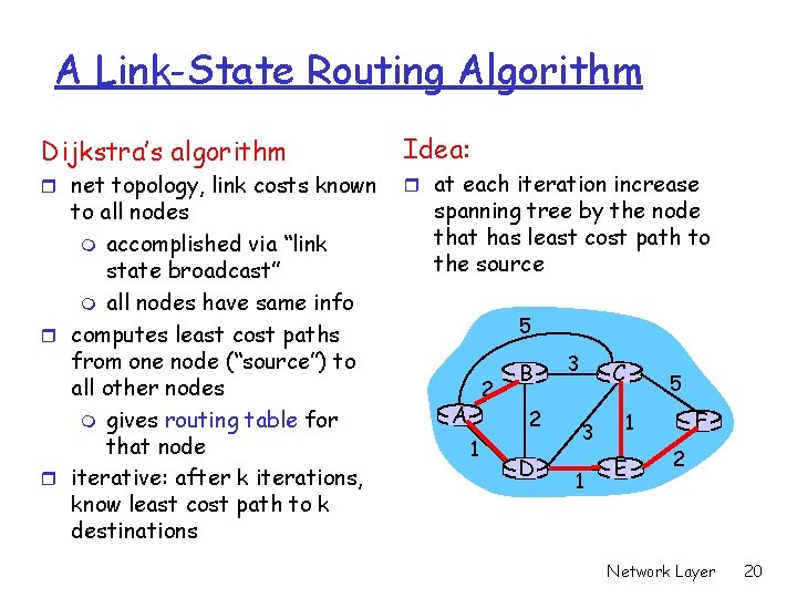 A Link-State Routing Algorithm Dijkstra’s algorithm r net topology, link costs known to all