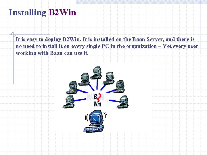 Installing B 2 Win It is easy to deploy B 2 Win. It is