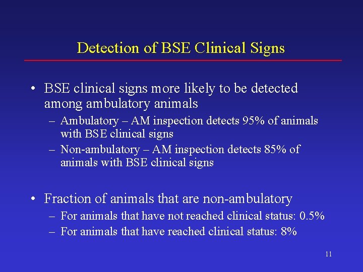 Detection of BSE Clinical Signs • BSE clinical signs more likely to be detected