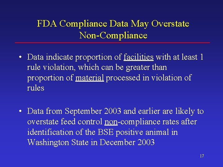 FDA Compliance Data May Overstate Non-Compliance • Data indicate proportion of facilities with at