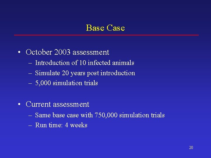 Base Case • October 2003 assessment – Introduction of 10 infected animals – Simulate