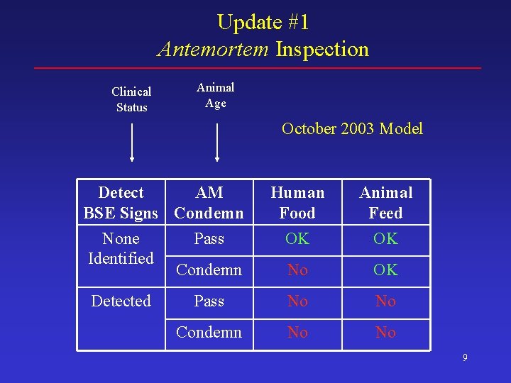 Update #1 Antemortem Inspection Clinical Status Animal Age October 2003 Model Detect AM BSE