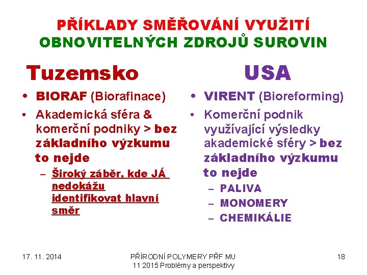 PŘÍKLADY SMĚŘOVÁNÍ VYUŽITÍ OBNOVITELNÝCH ZDROJŮ SUROVIN Tuzemsko • BIORAF (Biorafinace) • Akademická sféra &