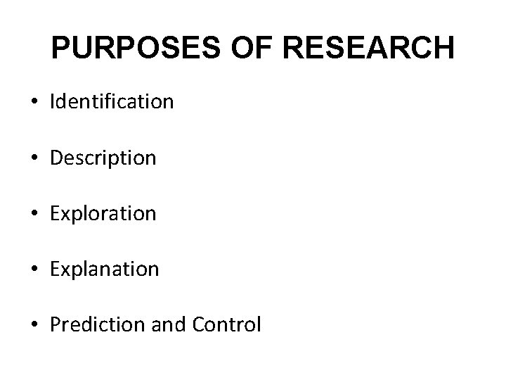 PURPOSES OF RESEARCH • Identification • Description • Exploration • Explanation • Prediction and