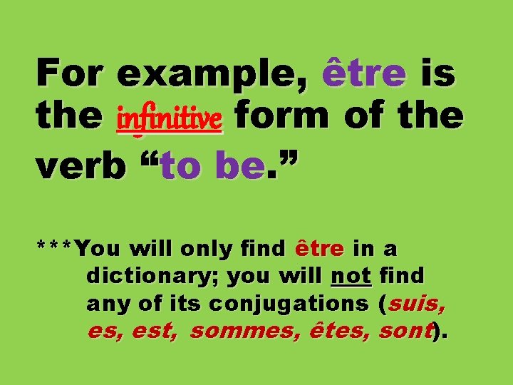 For example, être is the infinitive form of the verb “to be. ” ***You