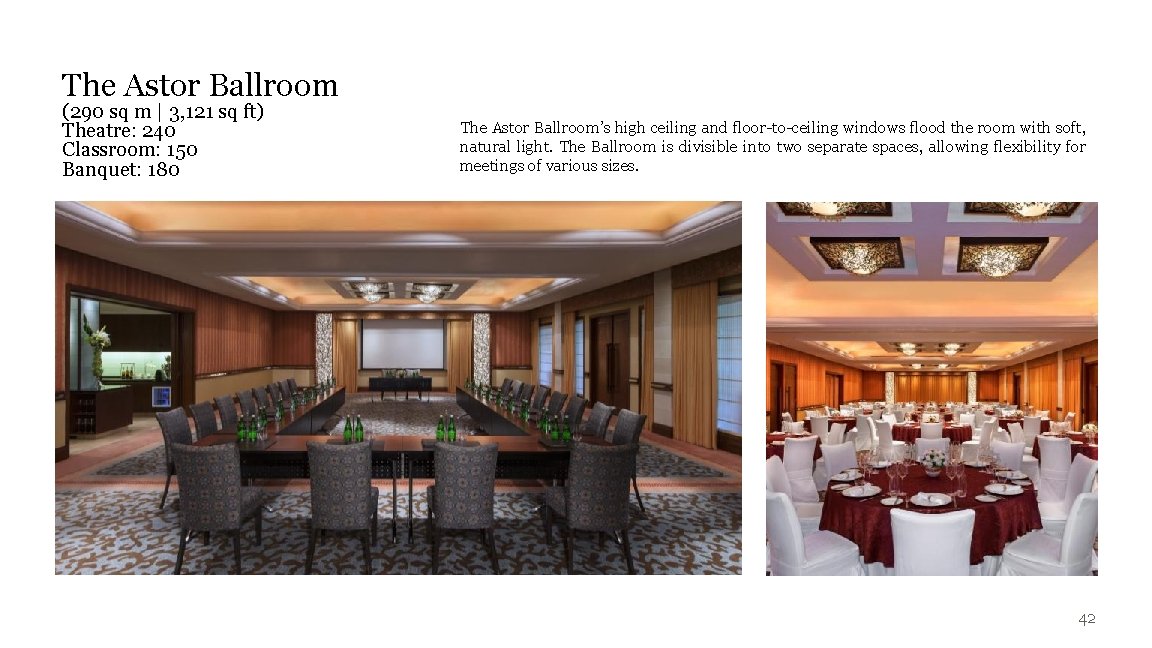 The Astor Ballroom (290 sq m | 3, 121 sq ft) Theatre: 240 Classroom: