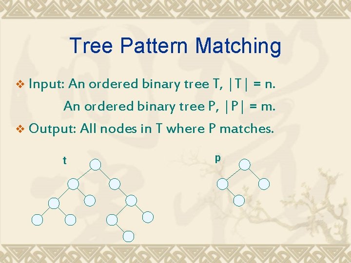 Tree Pattern Matching v Input: An ordered binary tree T, |T| = n. An