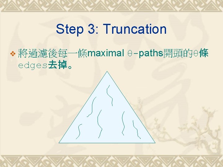 Step 3: Truncation v 將過濾後每一條maximal edges去掉。 θ-paths開頭的θ條 