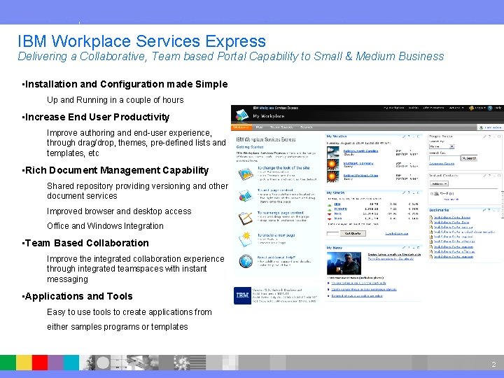 IBM Software Group IBM Workplace Services Express Delivering a Collaborative, Team based Portal Capability