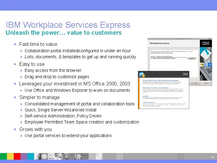 IBM Software Group IBM Workplace Services Express Unleash the power… value to customers §