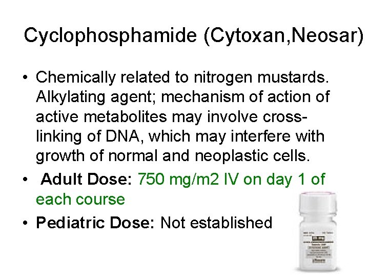 Cyclophosphamide (Cytoxan, Neosar) • Chemically related to nitrogen mustards. Alkylating agent; mechanism of action