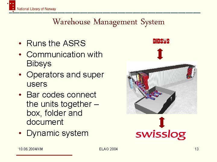 Warehouse Management System • Runs the ASRS • Communication with Bibsys • Operators and