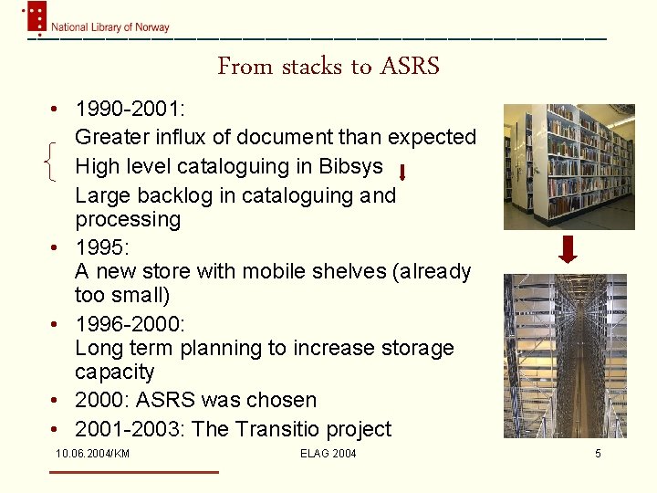 From stacks to ASRS • 1990 -2001: Greater influx of document than expected High