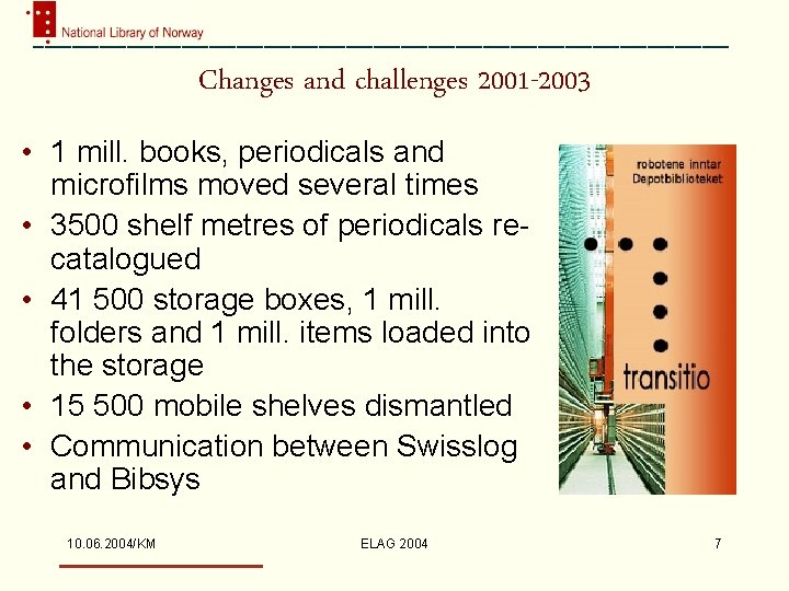 Changes and challenges 2001 -2003 • 1 mill. books, periodicals and microfilms moved several