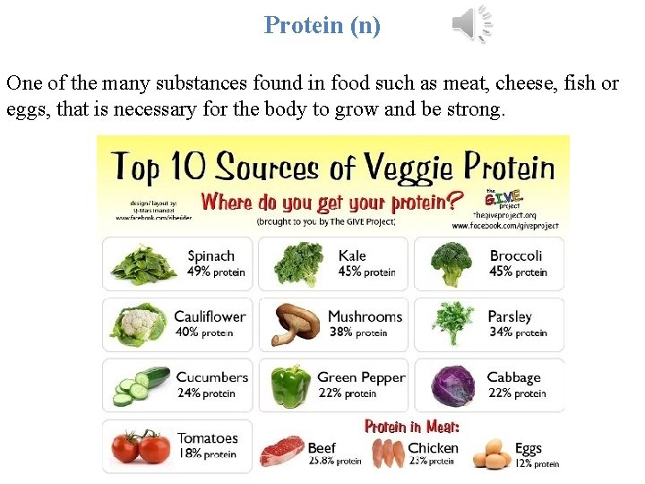 Protein (n) One of the many substances found in food such as meat, cheese,