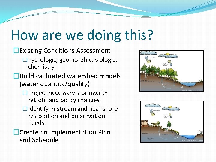 How are we doing this? �Existing Conditions Assessment �hydrologic, geomorphic, biologic, chemistry �Build calibrated