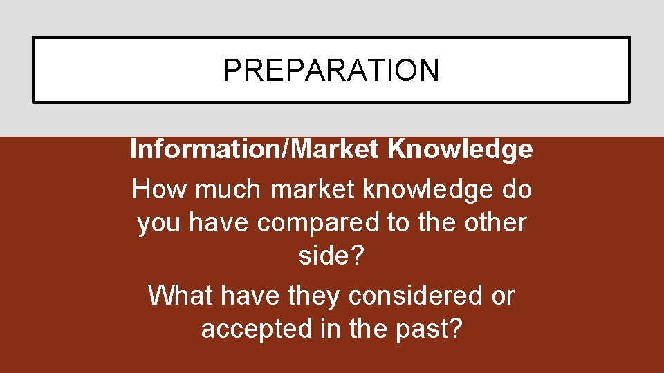 PREPARATION Information/Market Knowledge How much market knowledge do you have compared to the other