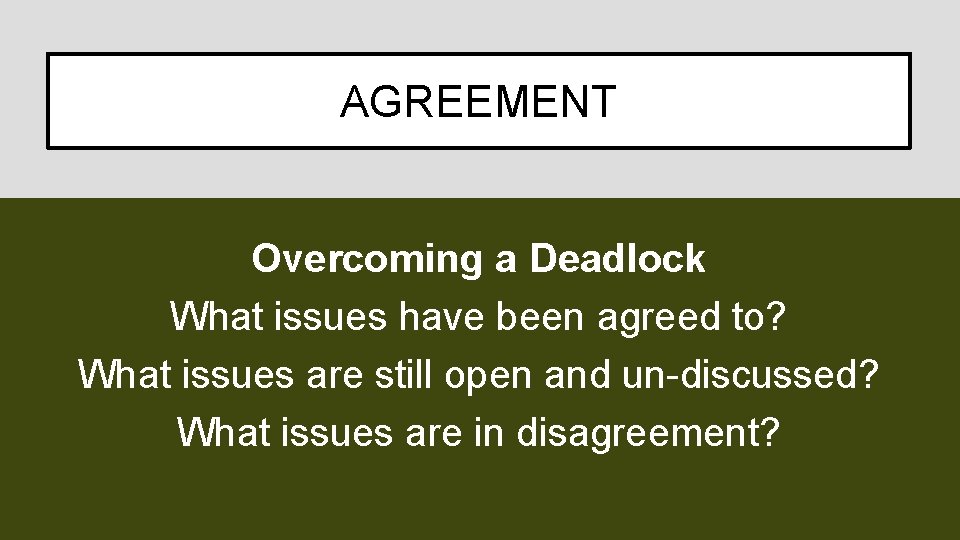 AGREEMENT Overcoming a Deadlock What issues have been agreed to? What issues are still