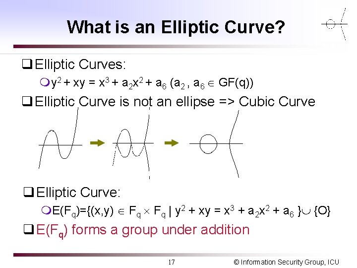 What is an Elliptic Curve? q Elliptic Curves: my 2 + xy = x What is an Elliptic Curve? q Elliptic Curves: my 2 + xy = x