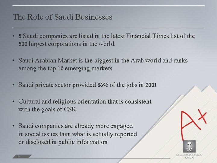 The Role of Saudi Businesses • 5 Saudi companies are listed in the latest