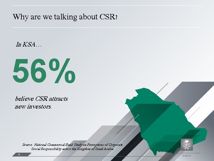 Why are we talking about CSR? In KSA… 56% believe CSR attracts new investors.