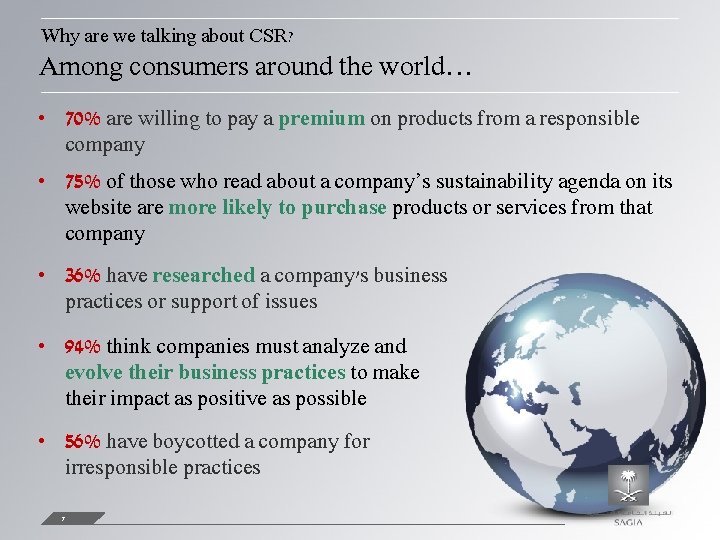 Why are we talking about CSR? Among consumers around the world… • 70% are