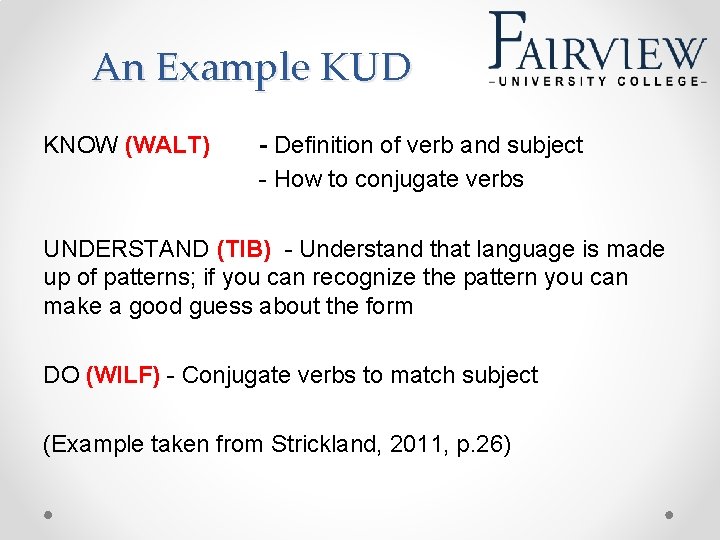 An Example KUD KNOW (WALT) - Definition of verb and subject - How to