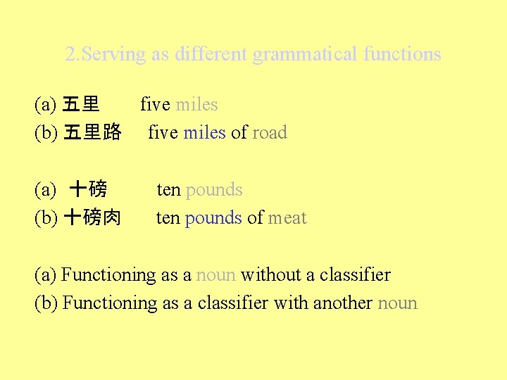 2. Serving as different grammatical functions (a) 五里　　　five miles (b) 五里路　　five miles of road