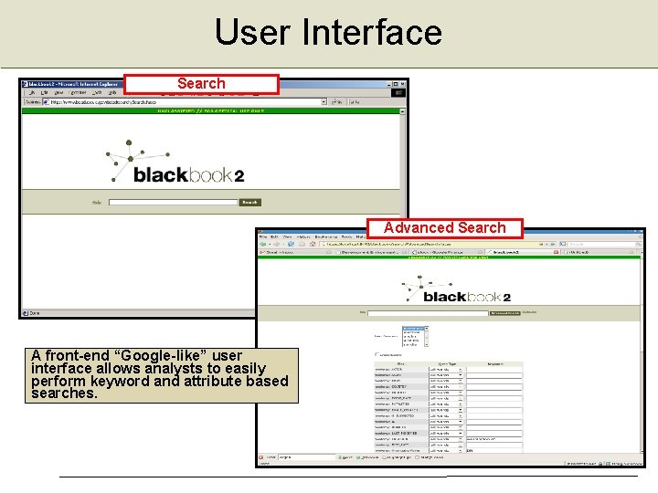 User Interface Search Advanced Search Workspace fas A front-end “Google-like” user interface allows analysts