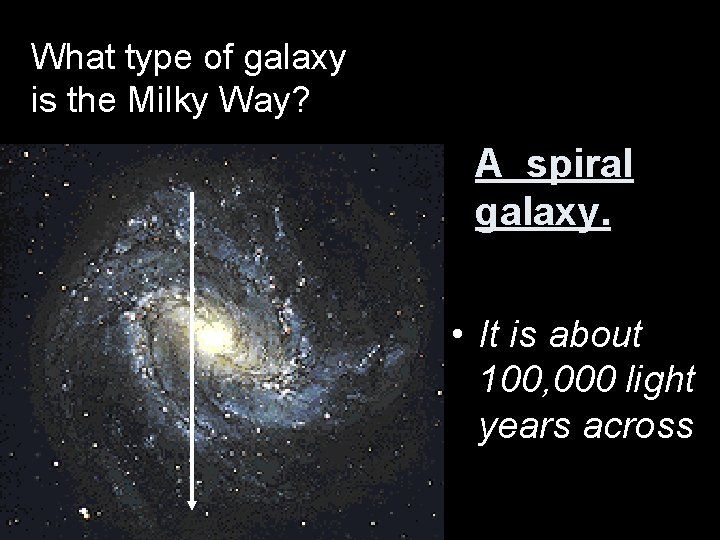 What type of galaxy is the Milky Way? A spiral galaxy. • It is