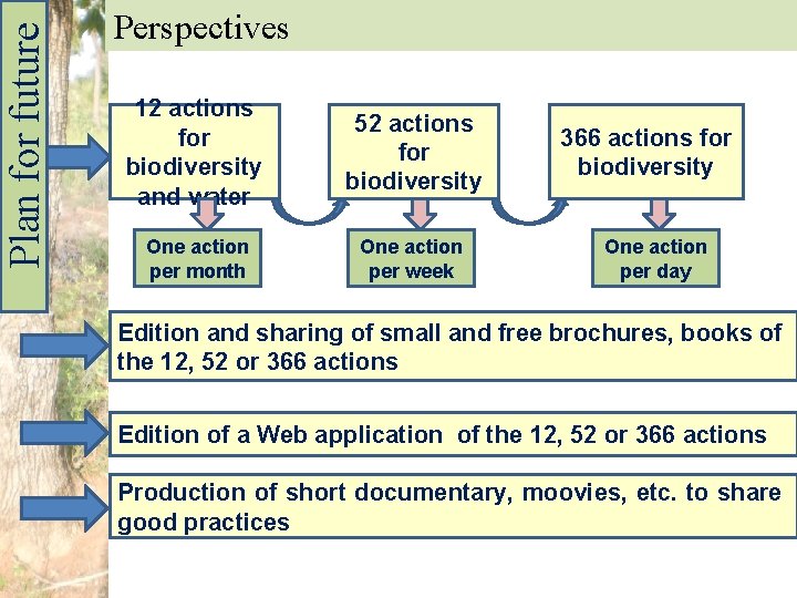 Plan for future Perspectives 12 actions for biodiversity and water 52 actions for biodiversity