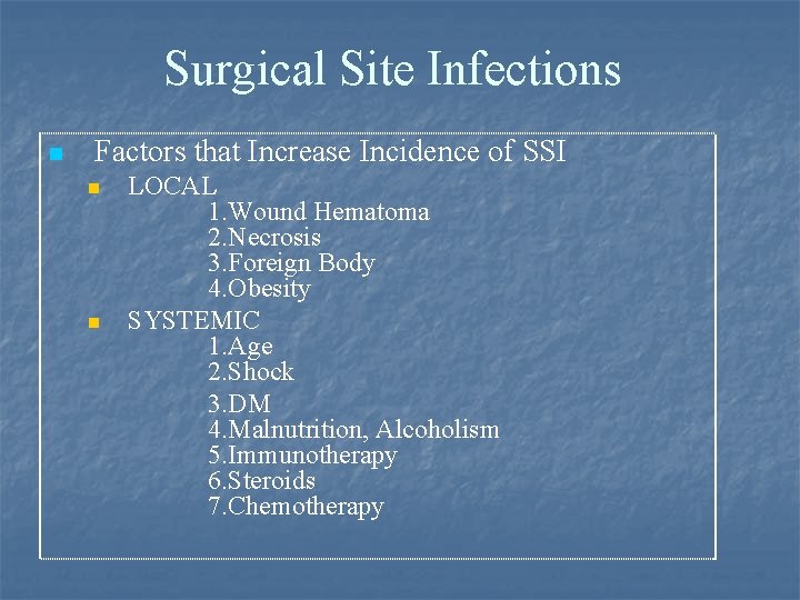 Surgical Site Infections n Factors that Increase Incidence of SSI n n LOCAL 1.